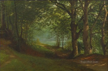 CAMINO JUNTO A UN LAGO EN UN BOSQUE Paisaje de árboles del americano Albert Bierstadt Pinturas al óleo